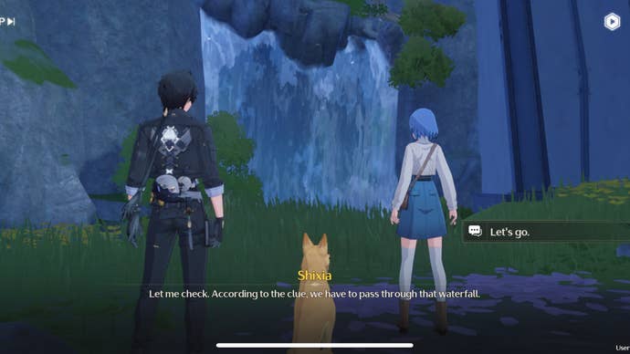 The Rover, Shixia and Pudding climbing the mountain on the outskirts of Jinzhou in Wuthering Waves.