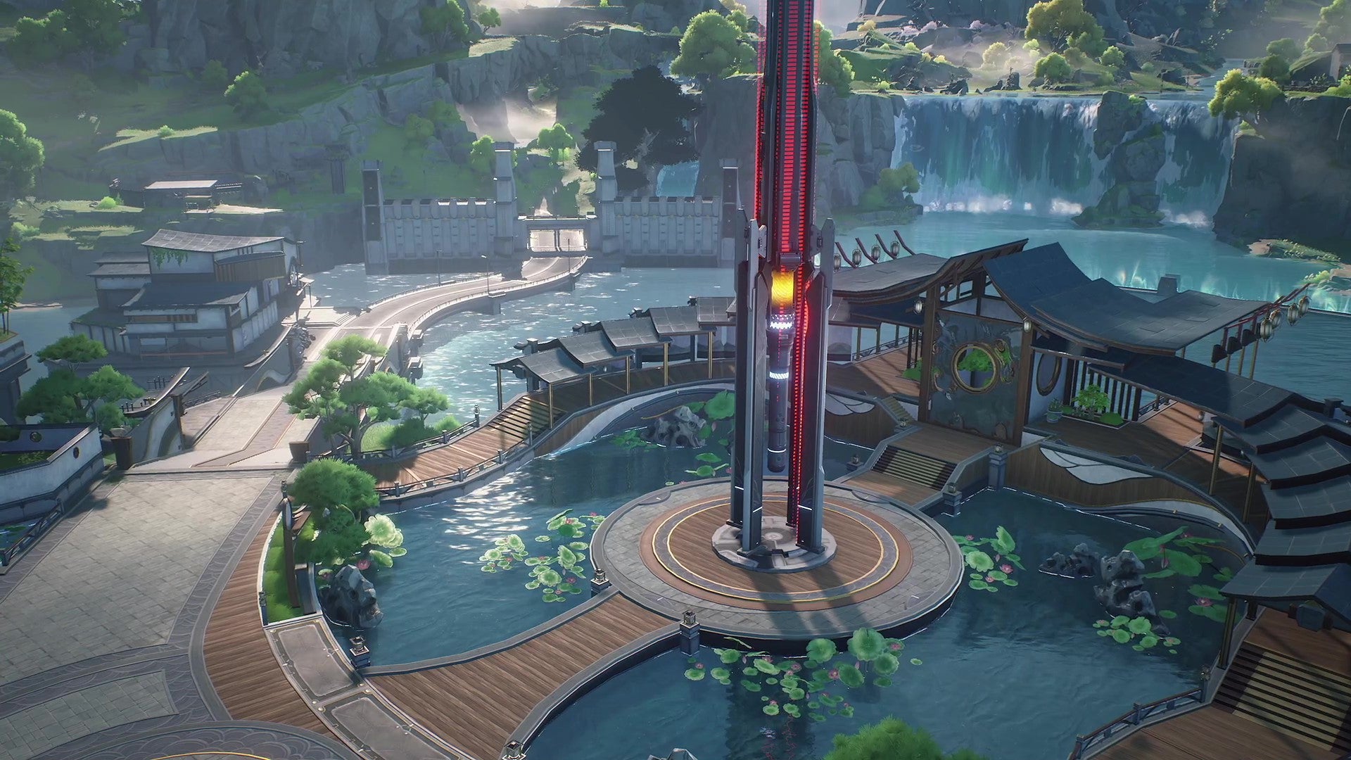 A wide shot of a Resonance Nexus in an attractive pond garden in a city in Wuthering Waves. - 1