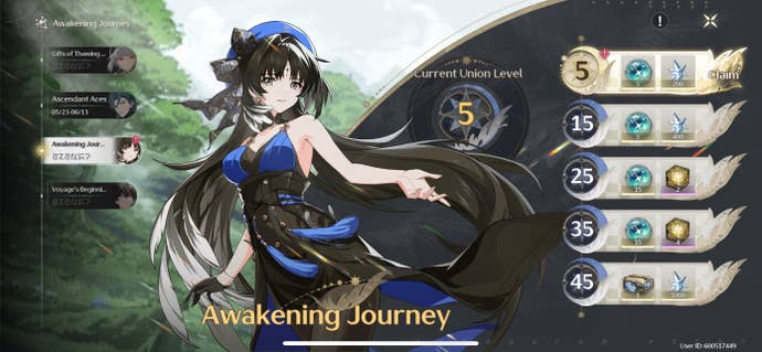 The Awakening Journey Event screen showing Union Level rewards in Wuthering Waves.