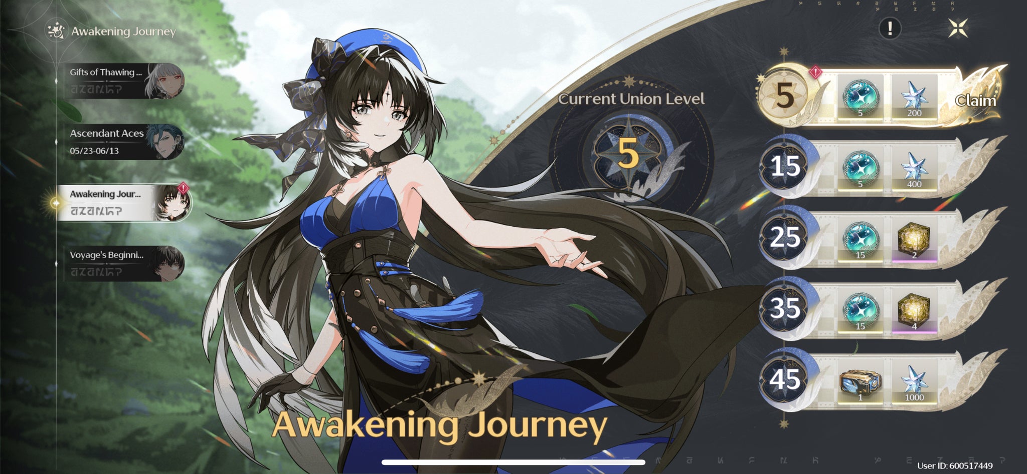 The Awakening Journey Event screen showing Union Level rewards in Wuthering Waves. - 4