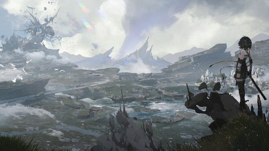 The Rover stands over an environmental vista in this promotional art for Wuthering Waves.