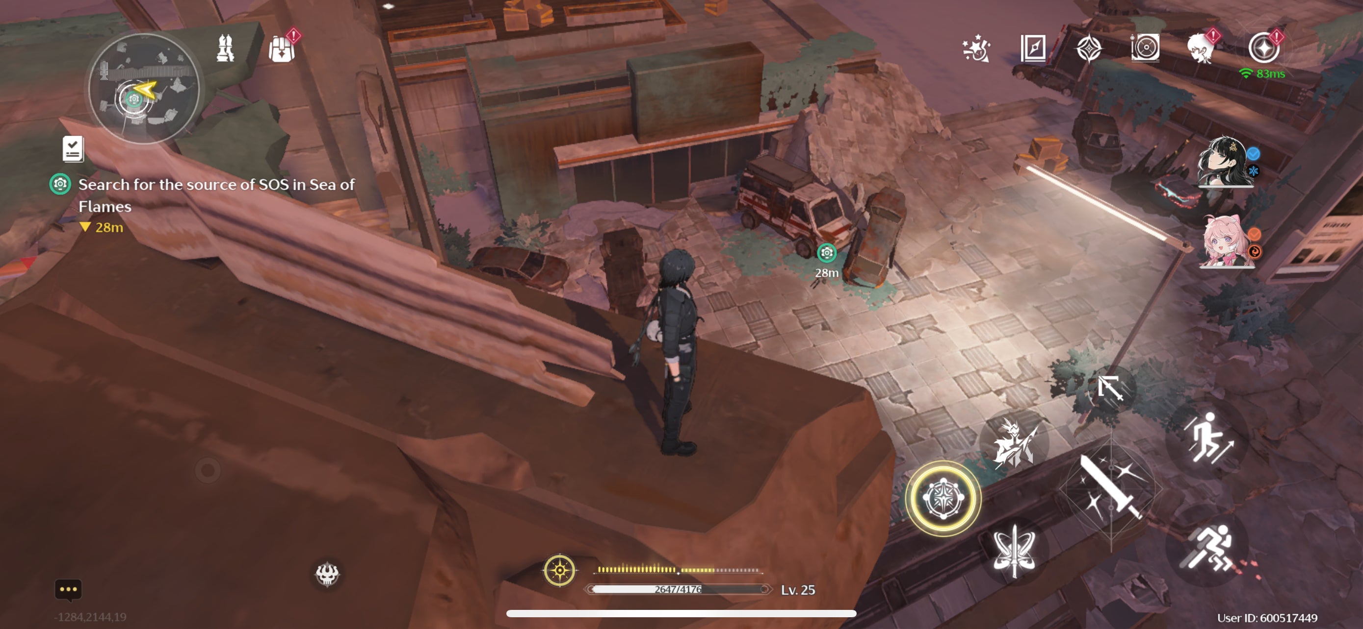 The Rover rescuing a client from the Sea of Flames during the We Promise, We Deliver quest in Wuthering Waves.