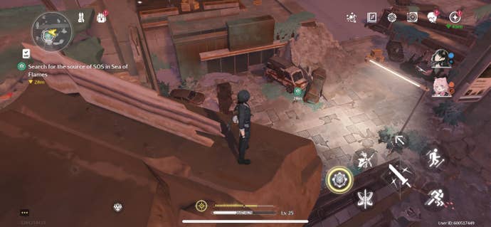 The Rover rescuing a client from the Sea of Flames during the We Promise, We Deliver quest in Wuthering Waves.