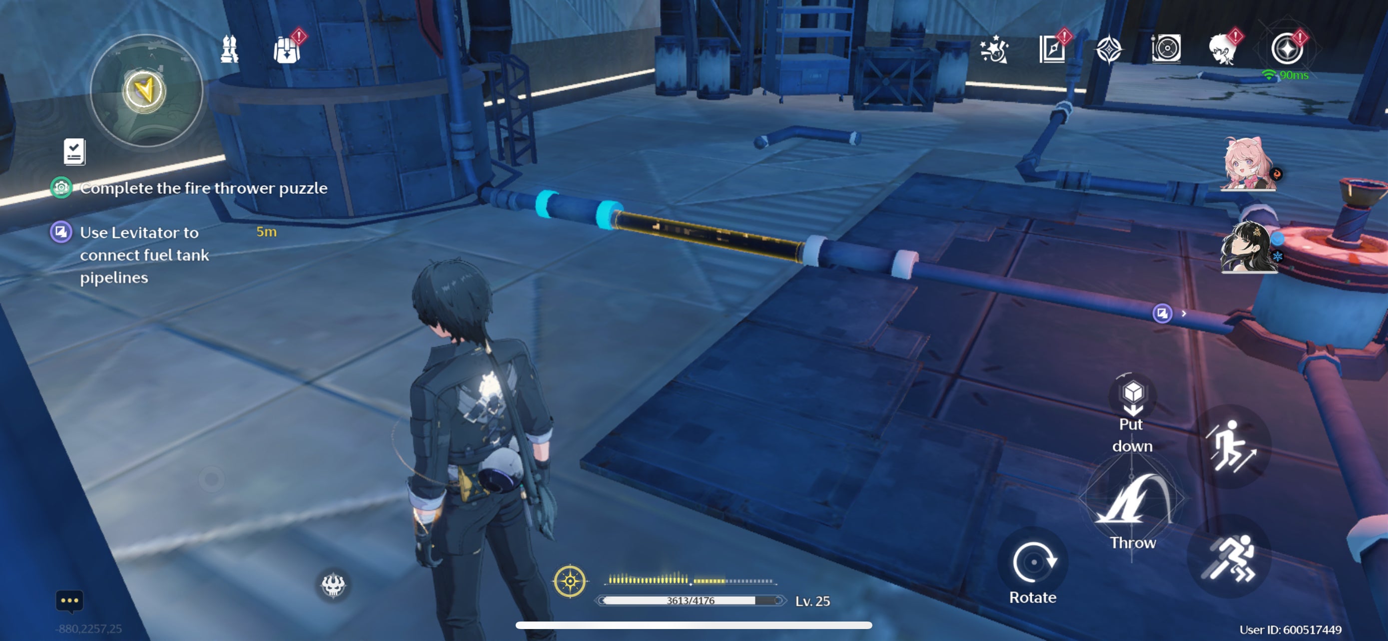 The Rover placing the first pipe to solve the flamethrower puzzle in Wuthering Waves.