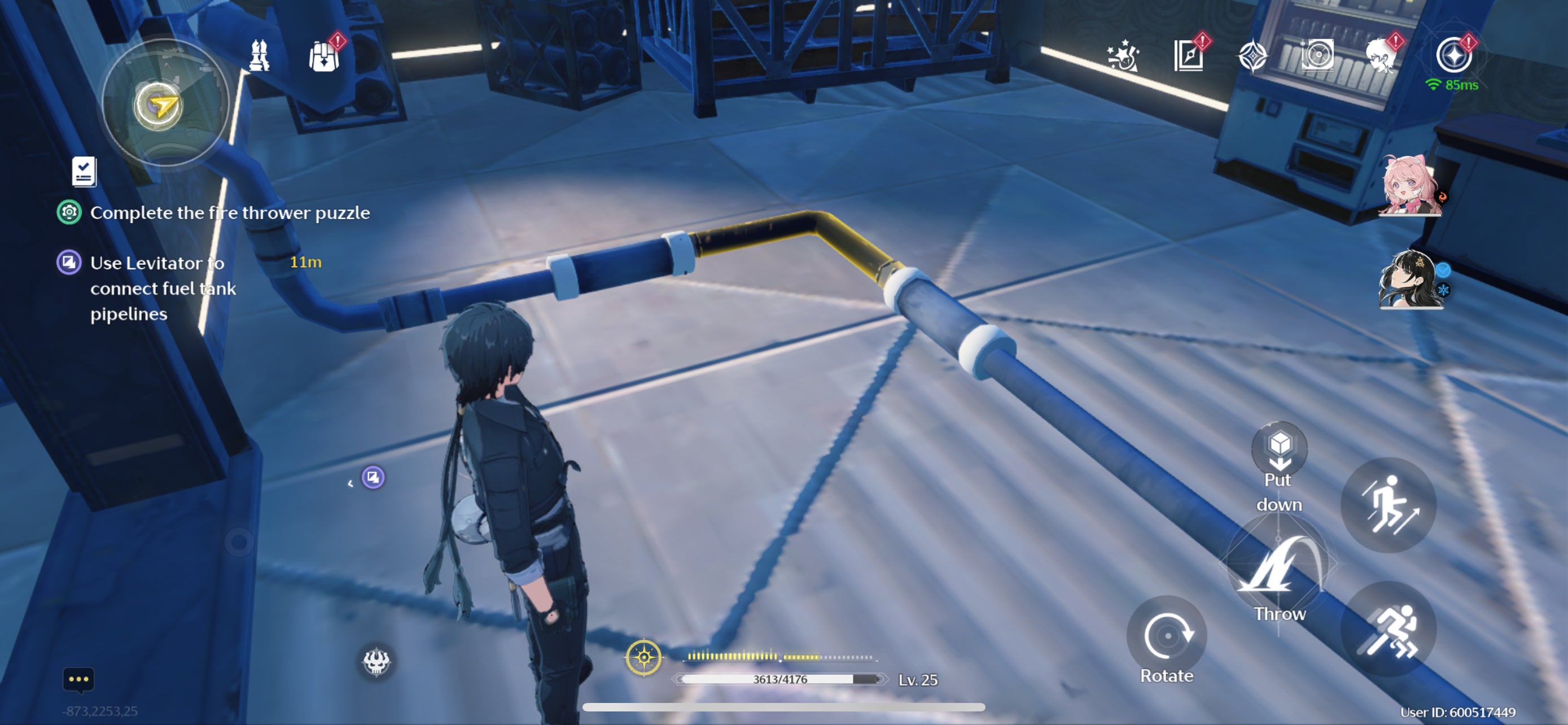 The Rover placing the second pipe to solve the flamethrower puzzle in Wuthering Waves.