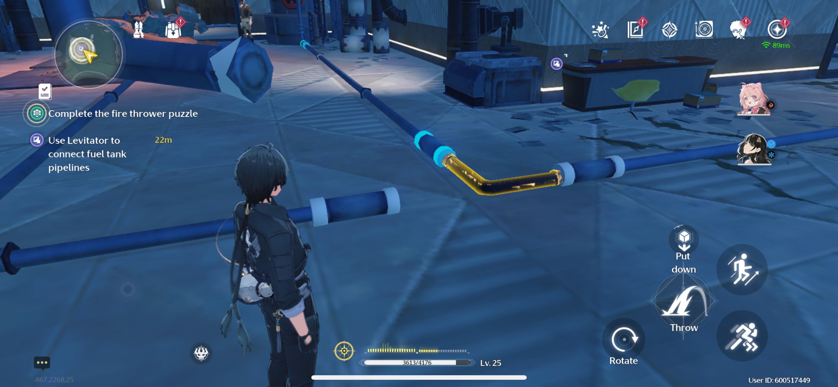 The Rover placing the third pipe to solve the flamethrower puzzle in Wuthering Waves.