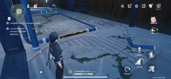 The Rover placing the fifth pipe to solve the flamethrower puzzle in Wuthering Waves.