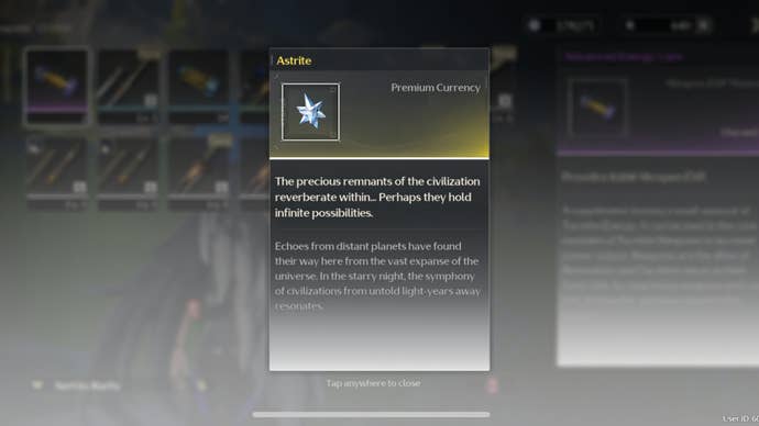 A detailed description in the in-game menu of Astrite and what they offer to players in Wuthering Waves.