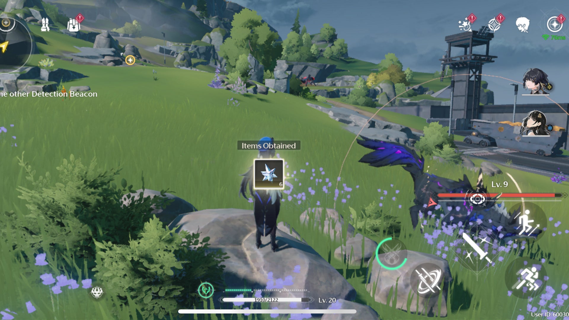 A character in Wuthering Waves stands on a rock after defeating an enemy with the text box saying items obtained and the Astrite symbol featured inside a box below it. - 3