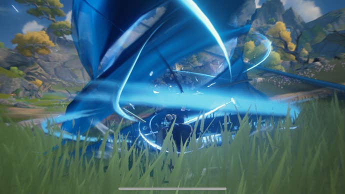 Rover engages in combat and unleashes Skill during battle that explodes in a large blue whirlwind of light and smoke