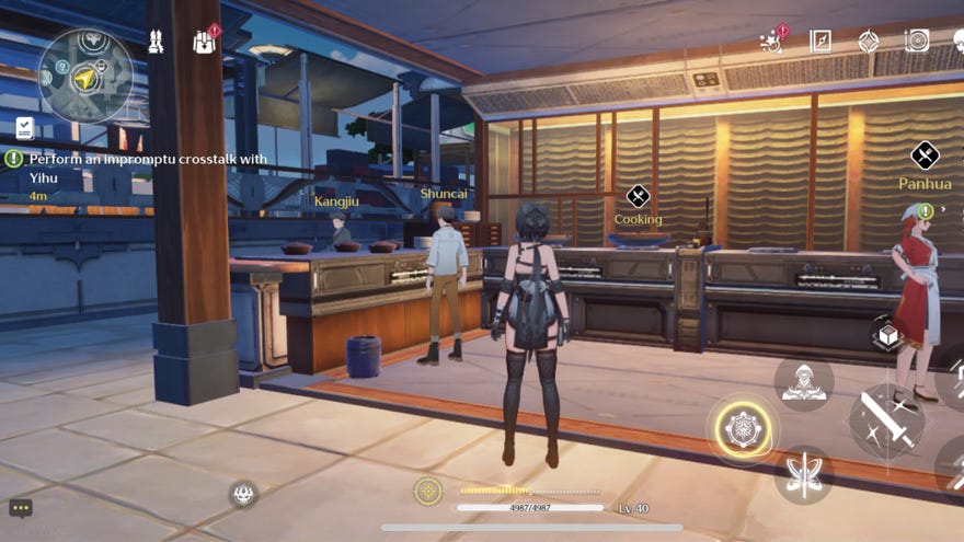 Rover in Wuthering Waves stands in front of a large restaurant cooking space with a stove in front of her and the word Cooking to interact with.