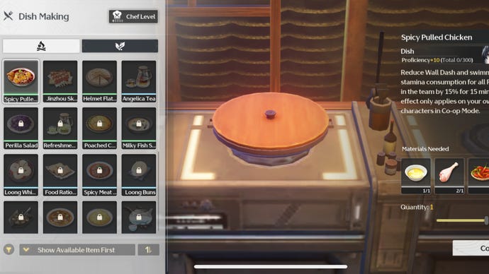 The Cooking menu in Wuthering Waves shows the variety of different dishes you can make in Wuthering Waves along with the ingredients you need