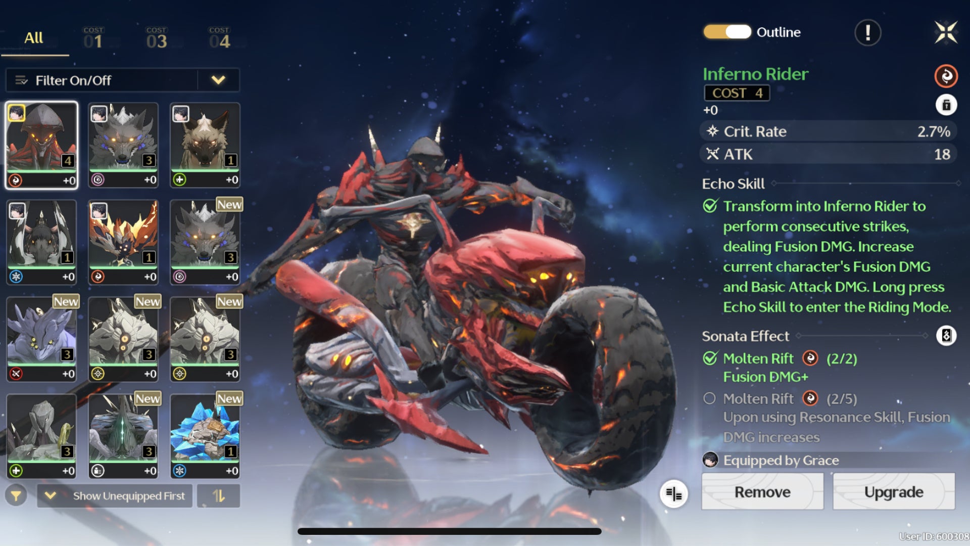 The Echoes menu in Wuthering Waves shows all the different Echoes you’ve collected with Inferno Rider in the center. - 10