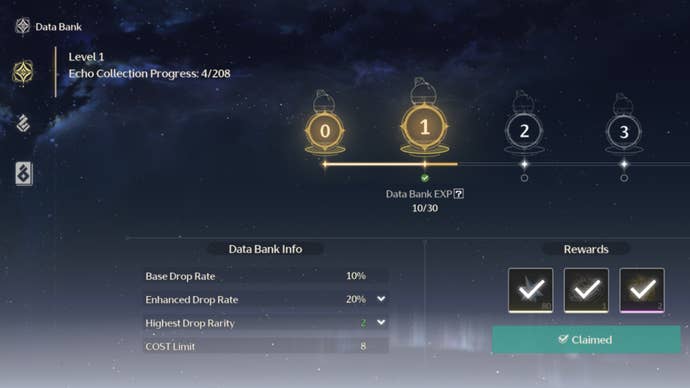 The Data Bank menu in Wuthering Waves shows how many Echoes have been collected and the various rates of rarity for collection.