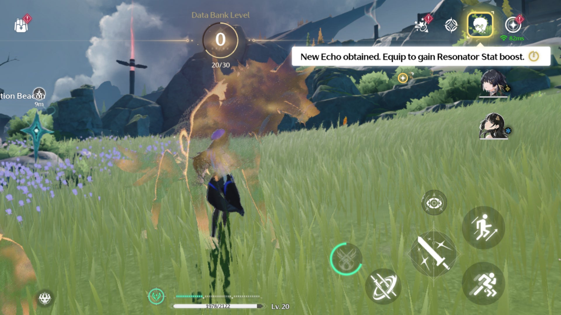 An Echo in Wuthering Waves is seen glistening yellow and orange to be obtained by the Resonator standing in front of it. - 7