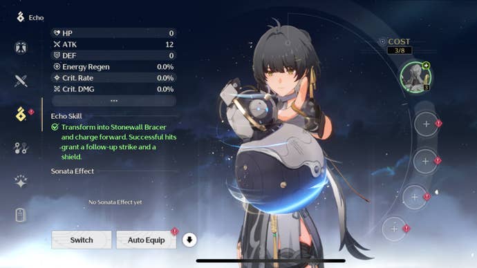 The in-game menu for Wuthering Waves; the Resonator stands with their Echo Terminal hovering in front of them, glowing blue, and detailing its statistics.