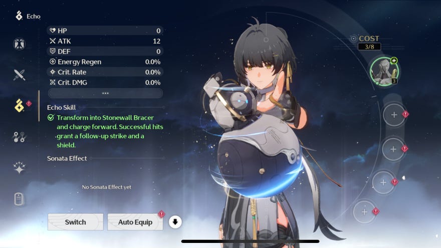 The in-game menu for Wuthering Waves; the Resonator stands with their Echo Terminal hovering in front of them, glowing blue, and detailing its statistics.