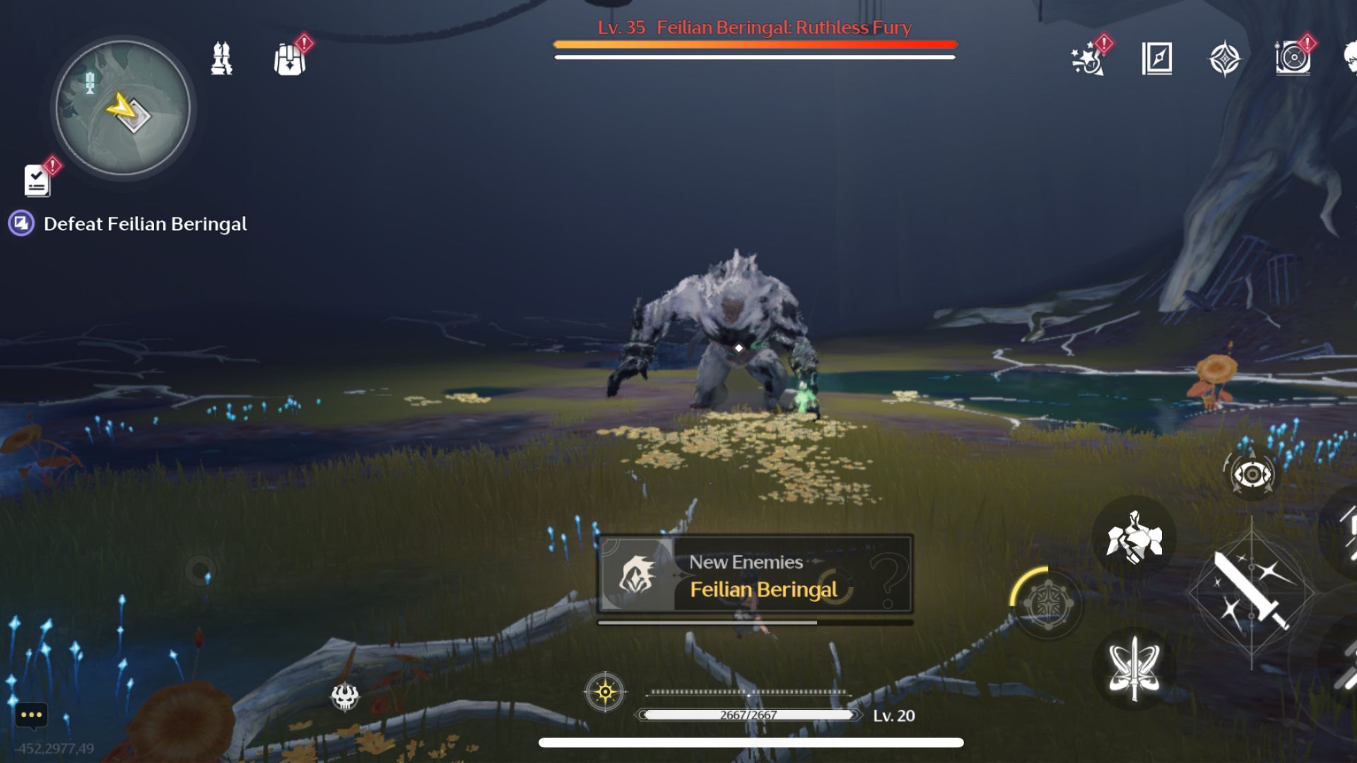 Feilian Beringal stands in the middle of a grassy area waiting to attack Rover in Wuthering Waves. - 1