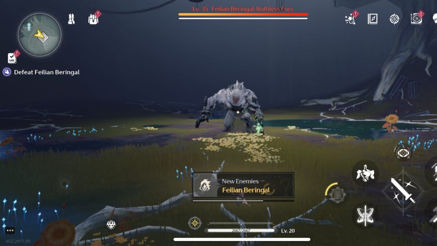 Feilian Beringal stands in the middle of a grassy area waiting to attack Rover in Wuthering Waves.