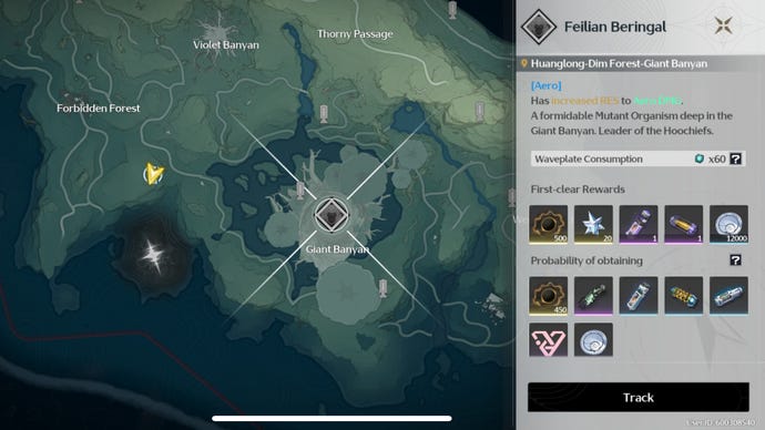 The Map in Wuthering Waves shows a Boss marker for Feilian Beringal in the center of the Giant Banyan.