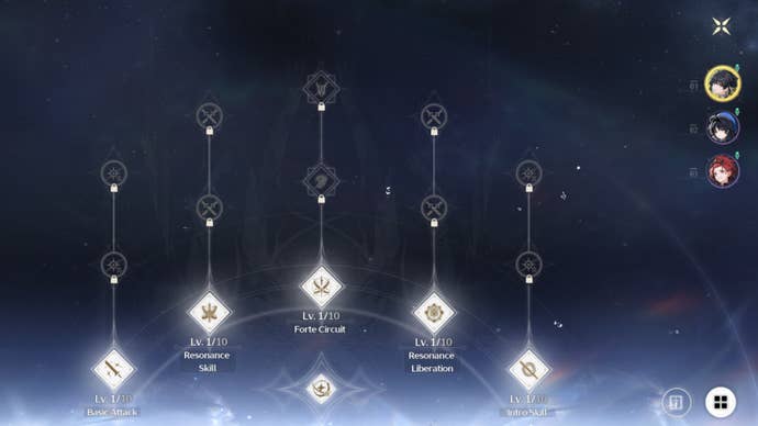 The Forte Menu in Wuthering Waves' Resonator settings showing the skill tree of all the Resonator’s abilities.