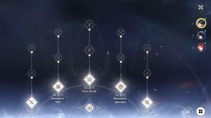 The Forte Menu in Wuthering Waves' Resonator settings showing the skill tree of all the Resonator’s abilities.