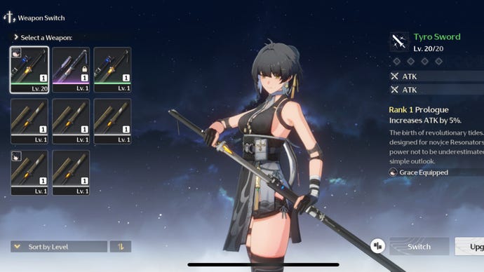 Rover stands with her sword in the Weapons Menu of Wuthering Waves.