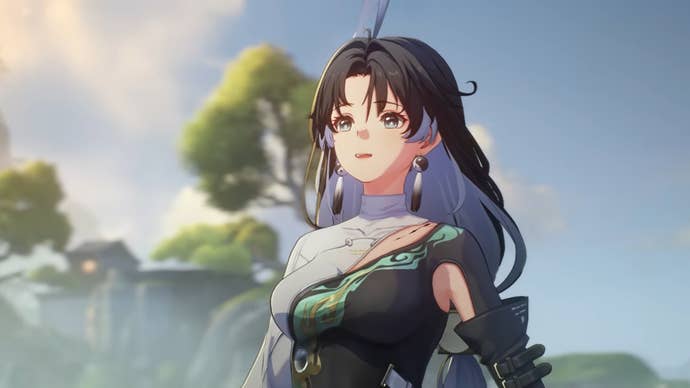 Jianxin in Wuthering Waves stands in front of a green landscape with her long black and white hair and matching colored uniform