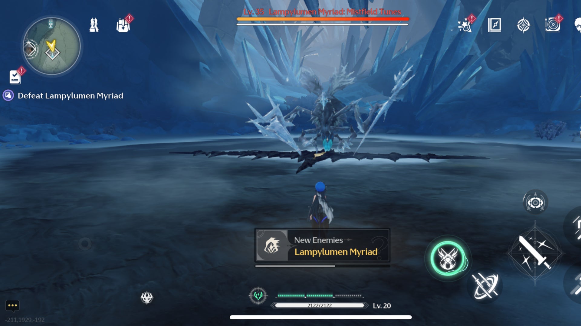 The large sharp edged World Boss, Lampylumen Myriad, stands in the middle of its icy cave preparing for battle in Wuthering Waves. - 1