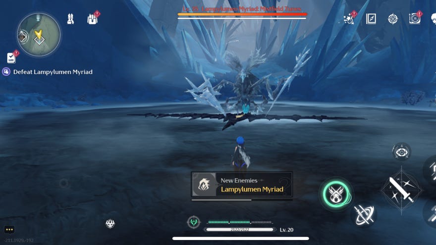 The large sharp edged World Boss, Lampylumen Myriad, stands in the middle of its icy cave preparing for battle in Wuthering Waves.