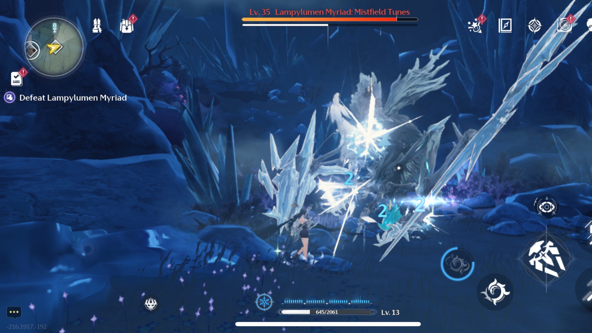 Rover unleashes an attack on Lampylumen Myriad in Wuthering Waves, lighting up different parts of its body where damage is being dealt. - 5