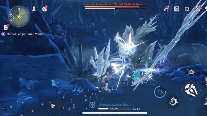 Rover unleashes an attack on Lampylumen Myriad in Wuthering Waves, lighting up different parts of its body where damage is being dealt.