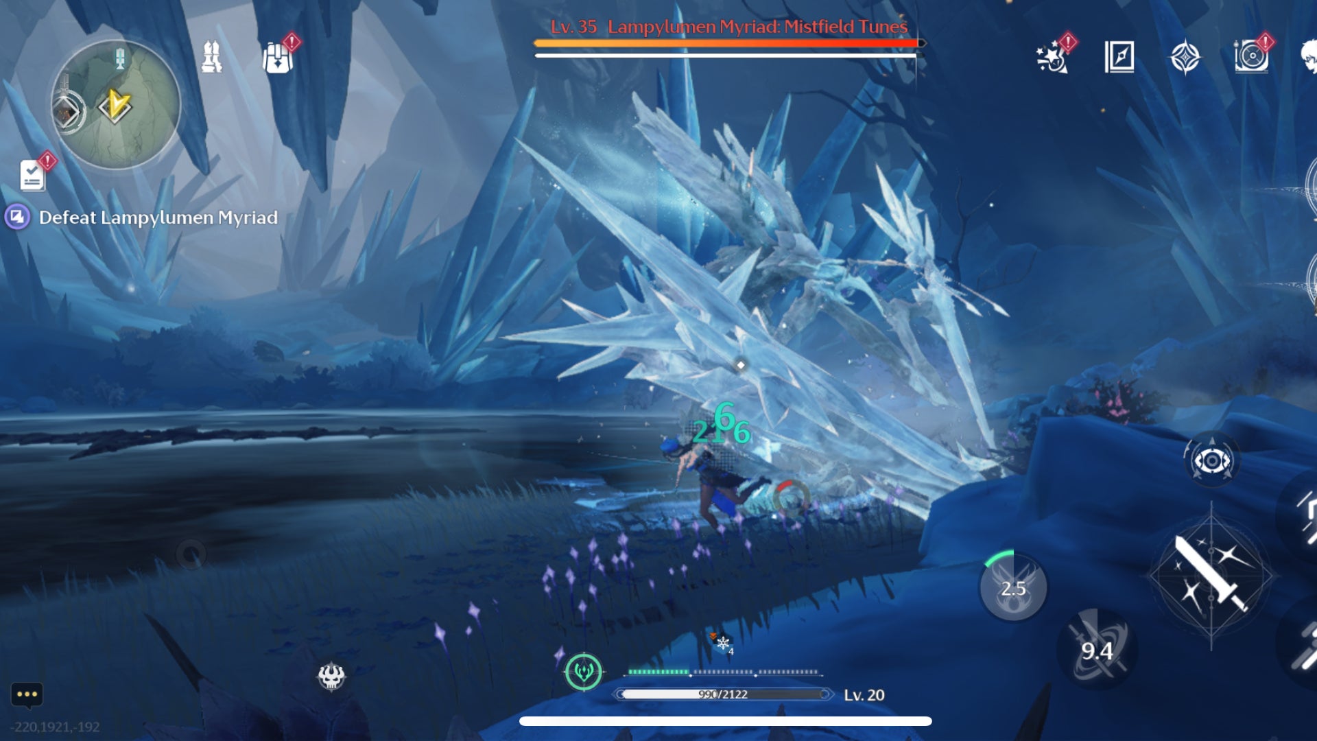 Rover in Wuthering Waves dodges to the side of Lampylumen Myriad’s icy attacks with hit markers round the battle. - 4