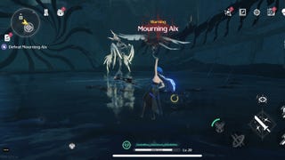 Rover glides into battle with Mourning Aix, one of the World Bosses in Wuthering Waves, stood in the middle of water.