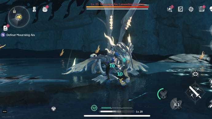 Mourning Aix encompasses Rover with a devastating attack in Wuthering Waves that brings hit markers up around the player.