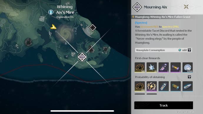 The Map in Wuthering Waves shows a Boss marker for Mourning Aix in the Whining Aix’s Mire.