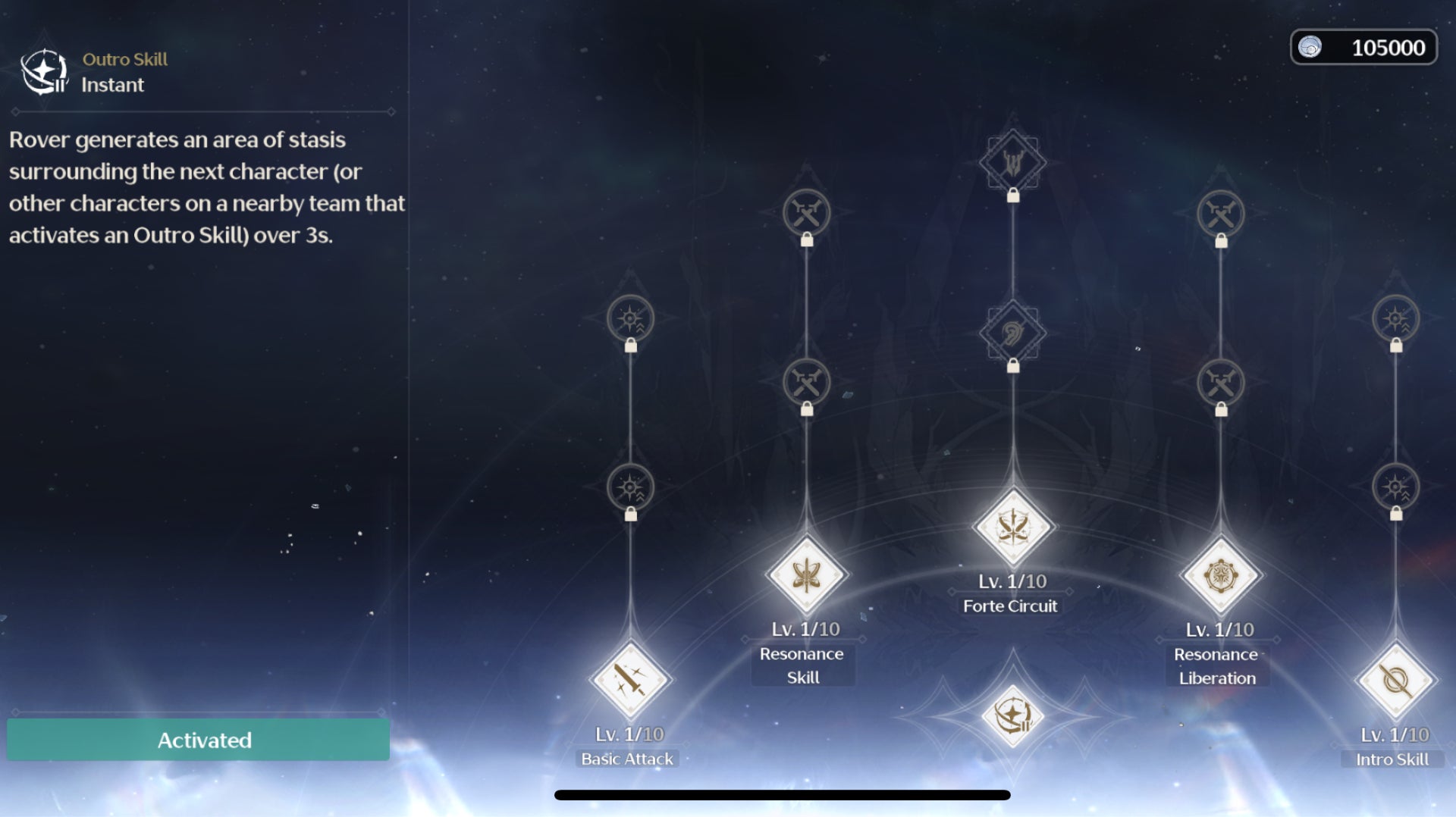 Resonator Outro Skills are seen in the Wuthering Waves menu alongside other skills in the game's skill tree - 4