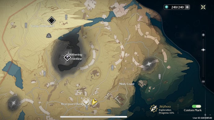 The map of Wuthering Waves shows Withering Frontline with a boss marker in the center.