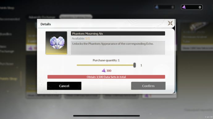 The Menu in Wuthering Waves shows a Phantom Mourning Aix available to purchase in the shop.