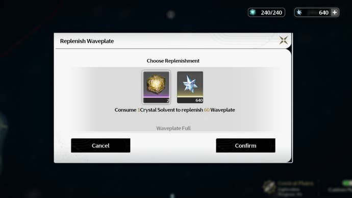 A text box in the in-game menu shows how to replenish Waveplates in Wuthering Waves.