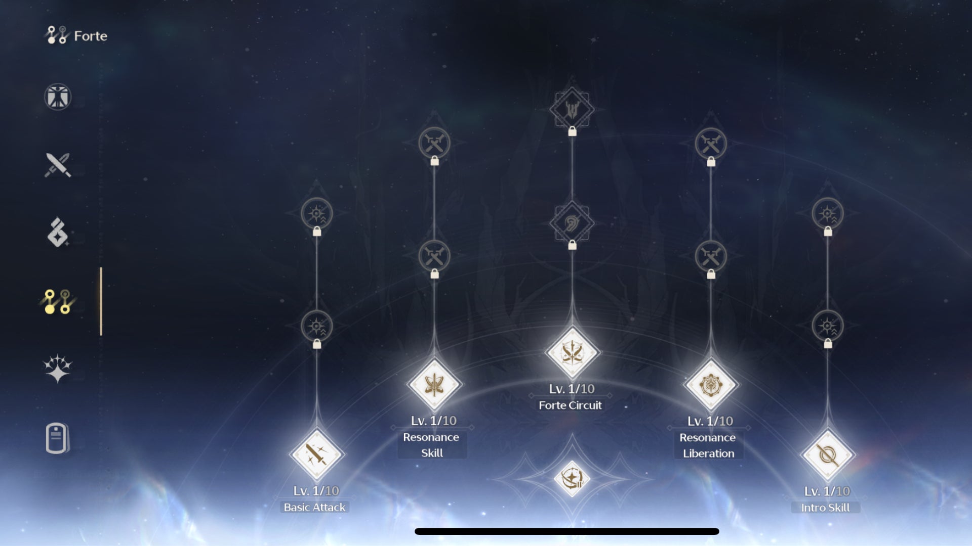 The Forte skill tree in Wuthering Waves shows the different areas to level up your combat skills. - 3