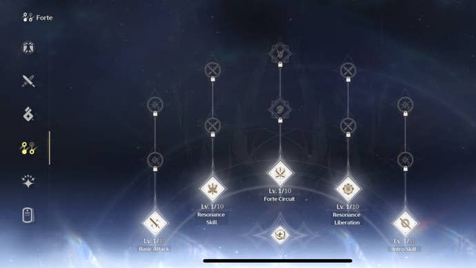 The Forte skill tree in Wuthering Waves shows the different areas to level up your combat skills.