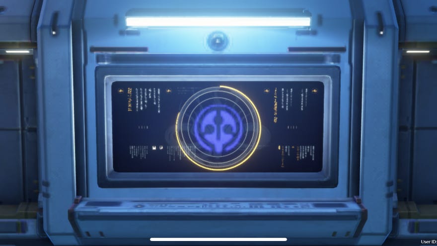 The Synthesizer machine in Wuthering Waves with a gold circle on the screen for Resonators to interact with.