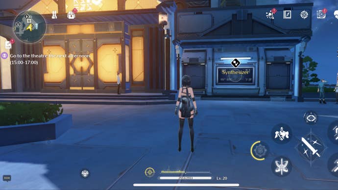 Rover stands in front of the Academy in Wuthering Waves, looking at the Synthesizer machine on the wall.