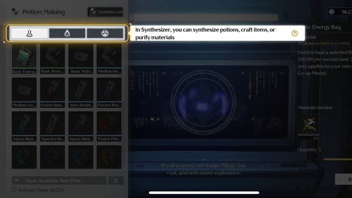 The Synthesizer menu shows the three sub-categories available to choose in Wuthering Waves.