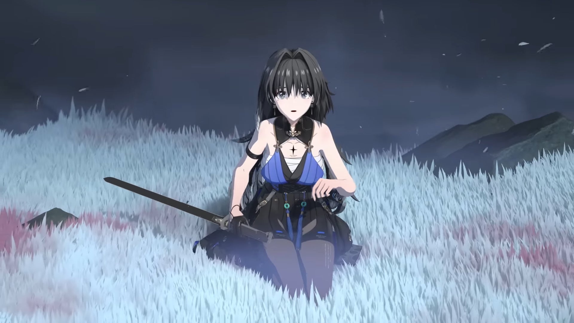 A close-up of Yangyang, one of the Resonators in Wuthering Waves, sitting in a field of blue grass at night. - 3