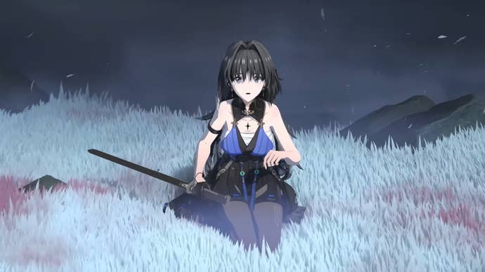 A close-up of Yangyang, one of the Resonators in Wuthering Waves, sitting in a field of blue grass at night.