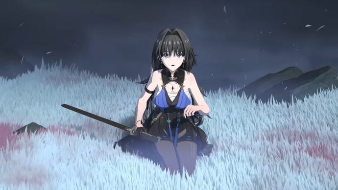A close-up of Yangyang, one of the Resonators in Wuthering Waves, sitting in a field of blue grass at night.