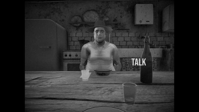 Official screen from Horses, showing a black and white, 4:3 shot of a strangled man in a vest sitting across from you at a table, staring into space.