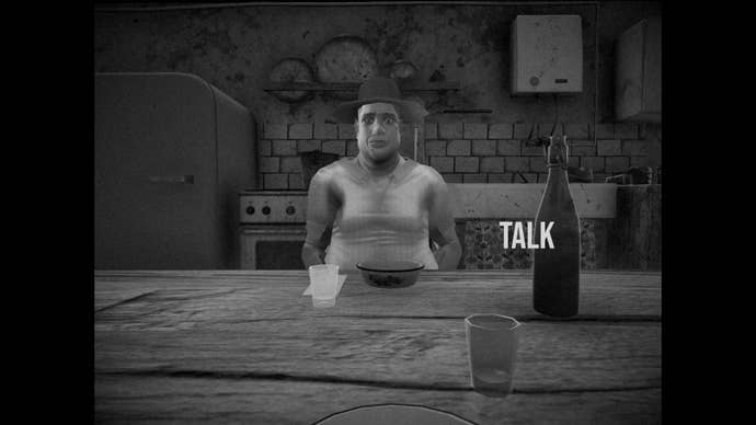 Official screen from Horses, showing black-and-white, 4:3 shot of a strangle proportioned man in a vest sitting across from you at a dinner table, staring blankly